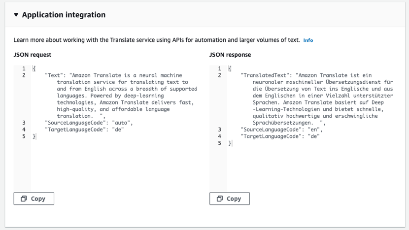 JSON-Codebeispiele für die Textübersetzung.