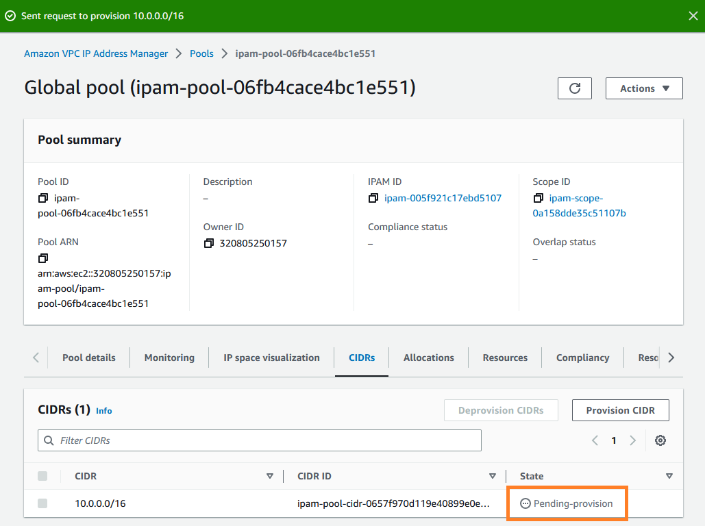 Meldung über die ausstehende Bereitstellung in der IPAM-Konsole, nachdem Sie einen Pool erstellt haben.