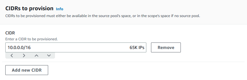 Definieren, welche CIDRs für einen Pool bereitgestellt werden sollen, in der IPAM-Konsole.