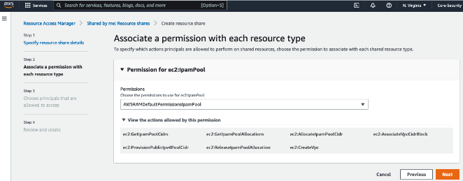 Zuordnen von Berechtigungen für eine Ressourcenfreigabe in der AWS RAM-Konsole.