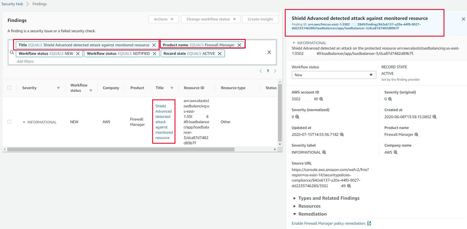 Der Screenshot zeigt die Seite mit den Ergebnissen der Security Hub Hub-Konsole mit dem Untertitel Ein Ergebnis ist ein Sicherheitsproblem oder eine fehlgeschlagene Sicherheitsüberprüfung. . Der Abschnitt hat rote Umrandungen, die die folgenden Zeichenfolgen hervorheben: Title EQUALS Shield Advanced hat einen Angriff auf die überwachte Ressource erkannt und der Produktname EQUAL Firewall Manager. Der Bildschirm zeigt eine Reihe von Details über den spezifischen Angriff und seinen Status.