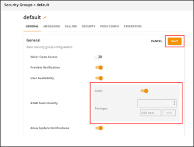 Der Abschnitt ATAK-Funktionalität des Wickr Network Dashboards.