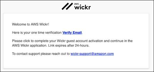 Welcome message for AWS Wickr with instructions to verify email and activate guest account.