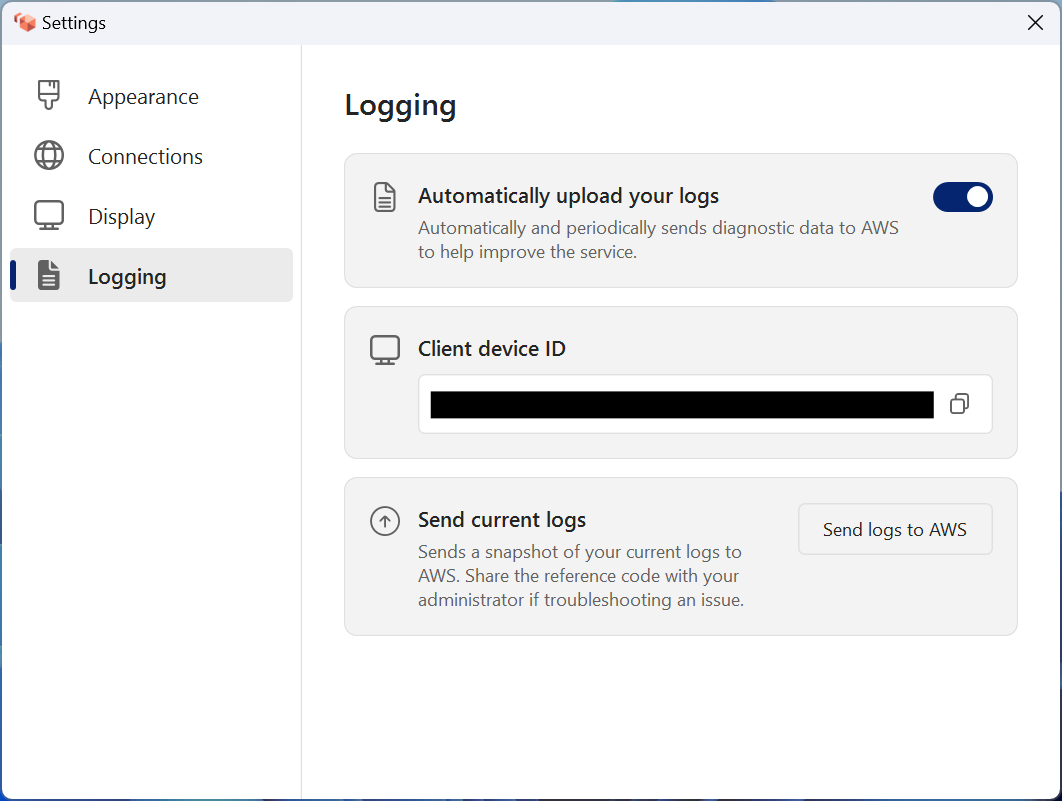 Die AWS Optionen Logging-Einstellungen mit automatischem Upload und Logs senden an.
