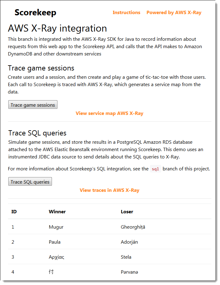 AWS X-Ray integration demo page showing game session tracing and SQL query tracing options.