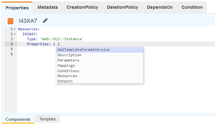 Opciones para autocompletar en un ejemplo de YAML.