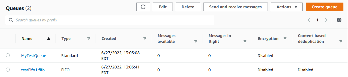 Página Colas en la consola de Amazon SQS.