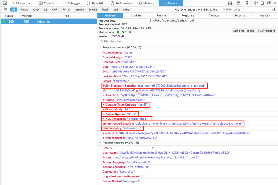 Lista de encabezados HTTP con los encabezados de seguridad esperados resaltados.