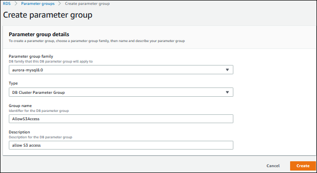 Crear un grupo de parámetros de clúster de base de datos