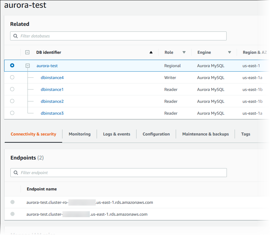 Vista del clúster de base de datos de Amazon Aurora