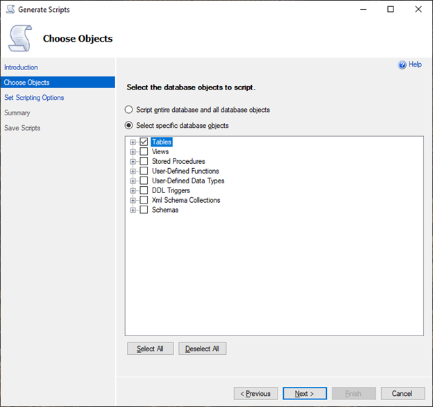 Uso del asistente Generate Scripts (Generación de scripts) de SSMS para elegir objetos.