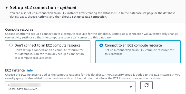 Configure la opción de conexión a EC2.