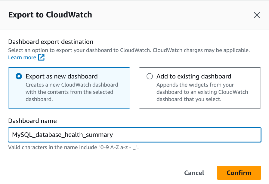 Ventana de exportación a CloudWatch, con la opción de exportación como nuevo panel seleccionada