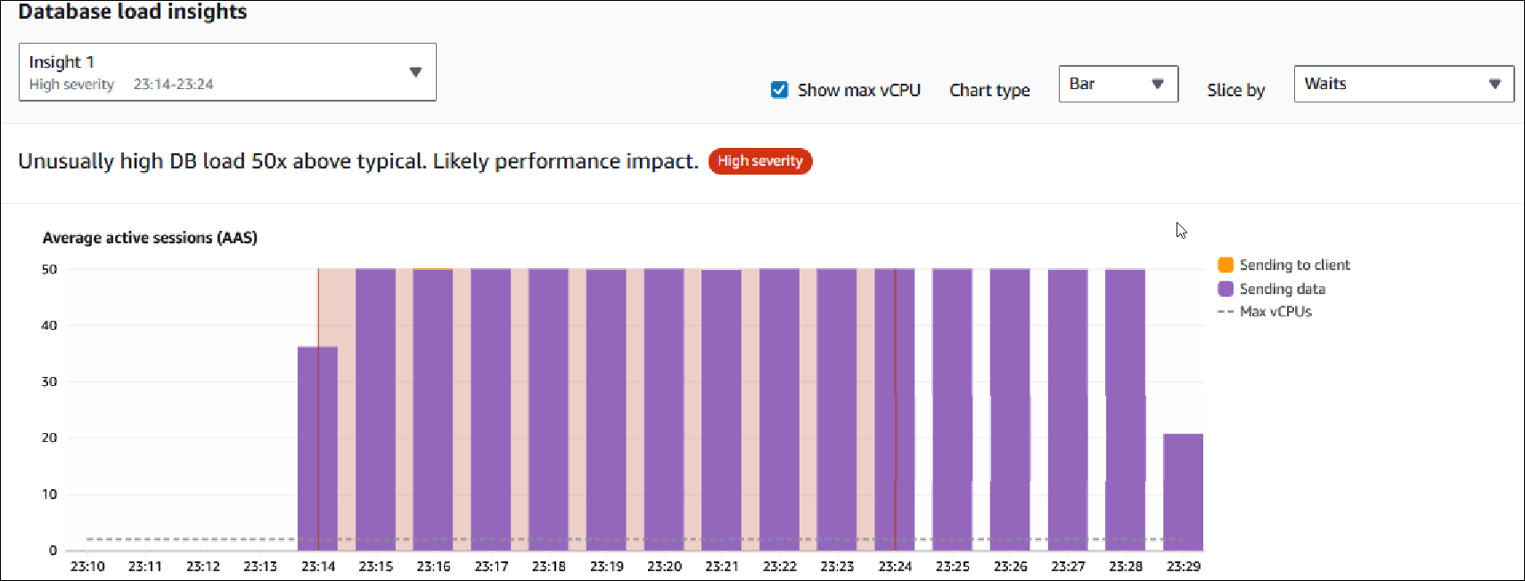 Gráfico de carga de la base de datos que muestra información en el informe