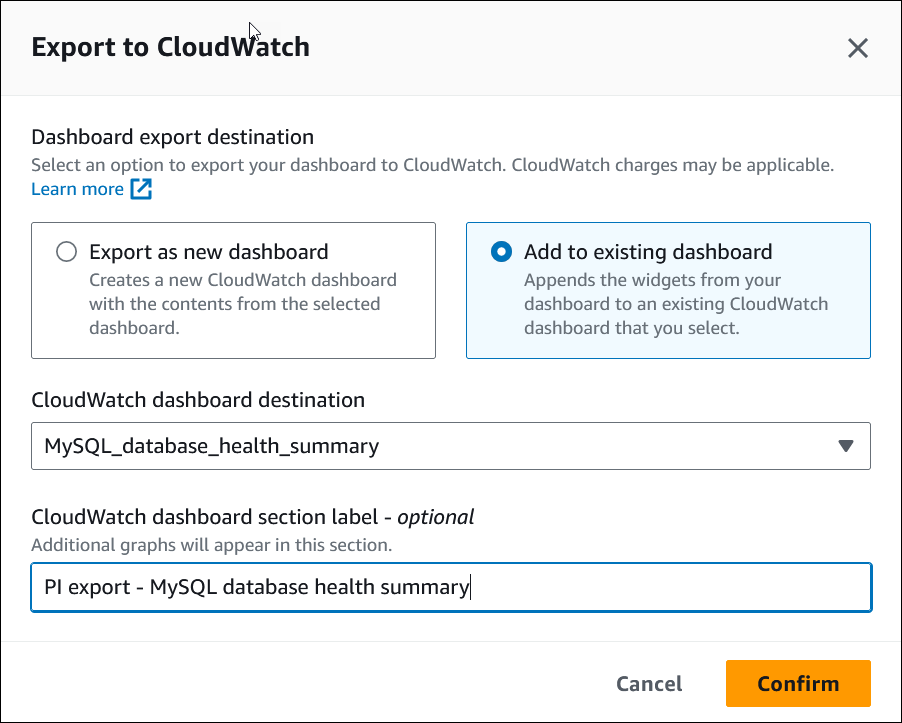 Ventana de exportación a CloudWatch, con la opción para agregar a un panel existente seleccionada