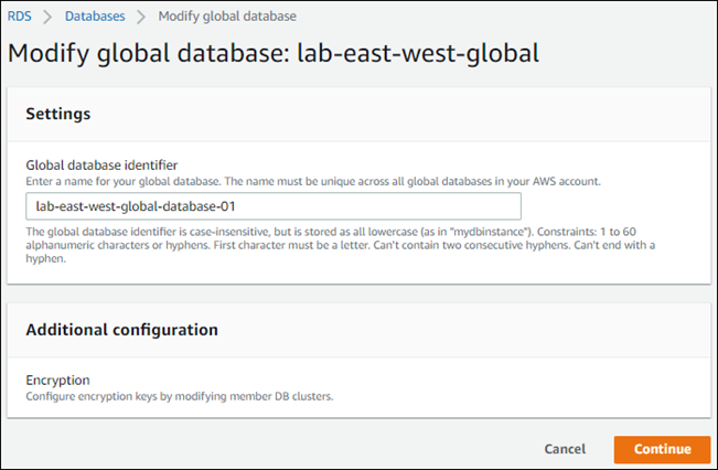Captura de pantalla que muestra la página de modificación de la configuración para una base de datos global de Aurora.