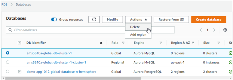 Una base de datos de Aurora global basada en Aurora MySQL 5.6.10a permanece en la AWS Management Console hasta que la elimine, incluso si no tiene ningún clúster de base de datos de Aurora asociado.