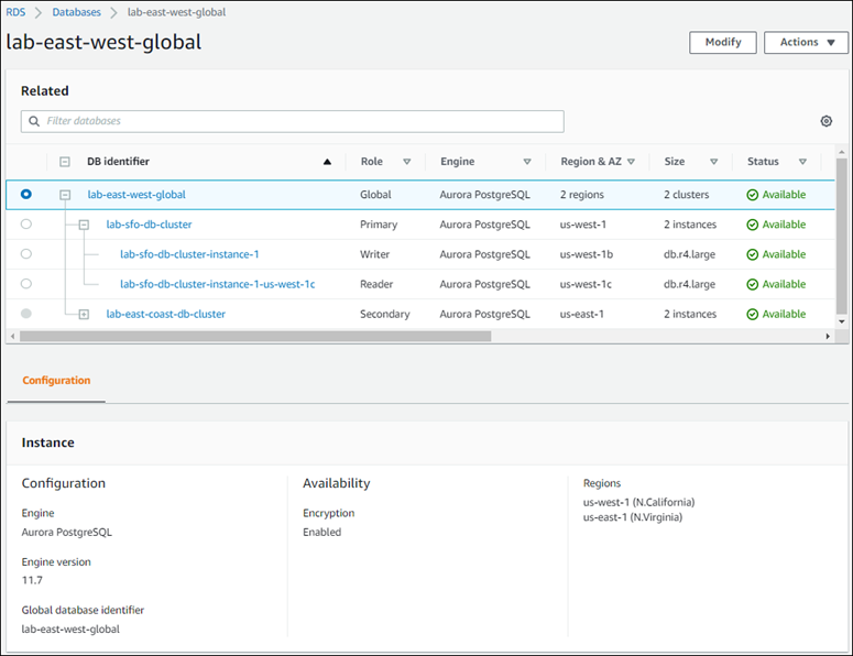 Captura de pantalla que muestra una base de datos global de Aurora seleccionada y los ajustes de configuración asociada en la AWS Management Console.
