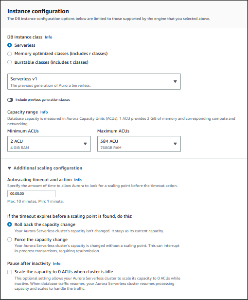 Configuración de la capacidad de un clúster de bases de datos de Aurora PostgreSQL Serverless v1 mediante la consola