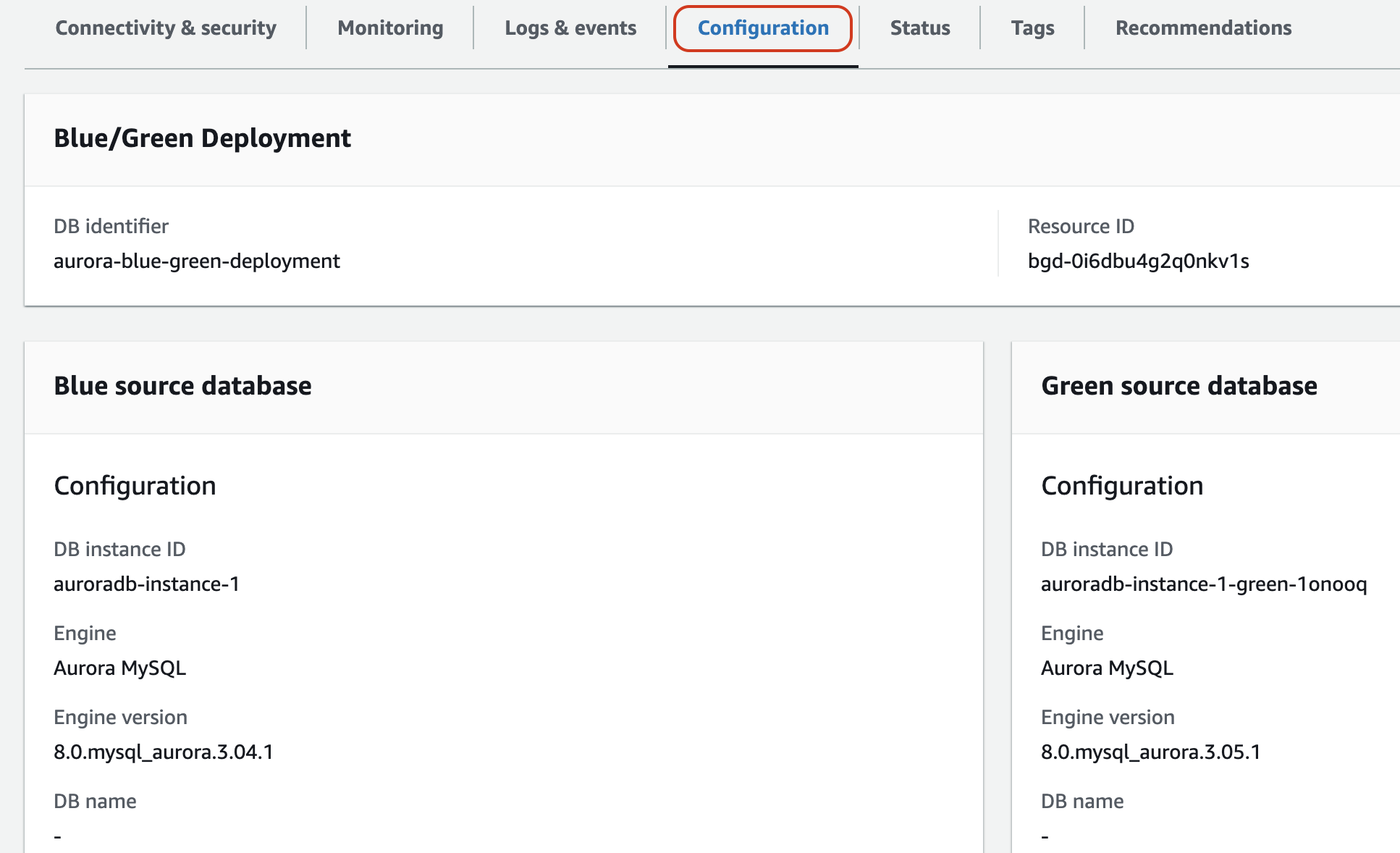 Detalles de la configuración de la implementación azul/verde