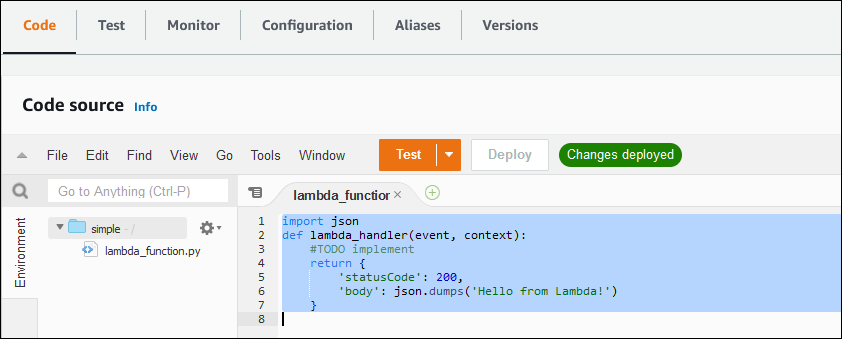 Ejemplo de función de Lambda de ejemplo que se muestra en AWS CLI para AWS Lambda.