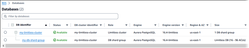 Clúster de base de datos principal y grupo de particiones de Base de datos ilimitada de Aurora PostgreSQL.