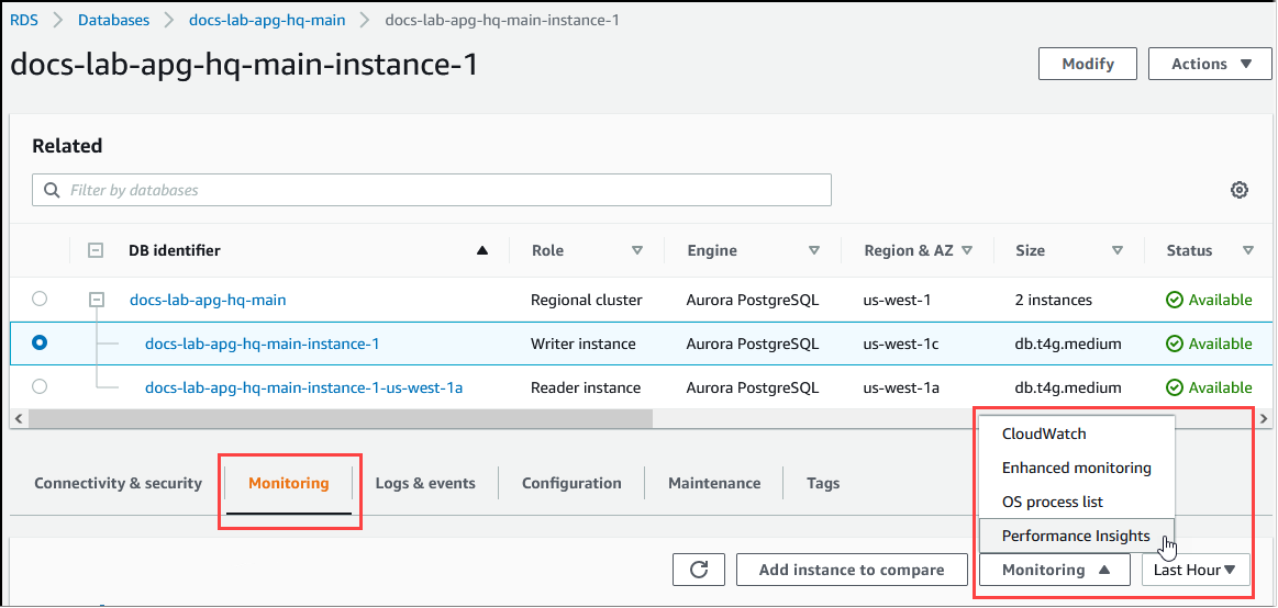 Imagen de acceso a Performance Insights desde la consola de RDS y el clúster de base de datos de Aurora PostgreSQL seleccionado.