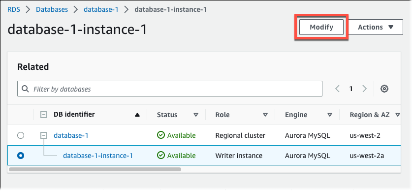 Modifique la instancia de base de datos .