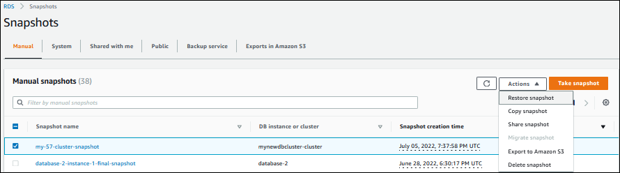 Opción Restore snapshot (Restaurar instantánea) en el menú Actions (Acciones) de la consola de RDS