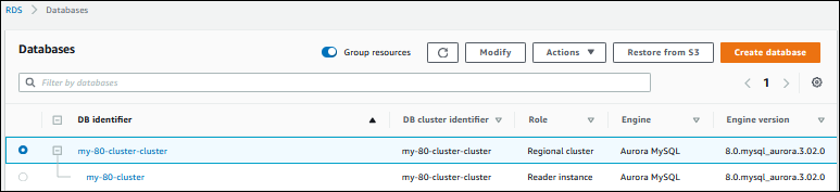 Clúster de base de datos restaurada en la página Database (Base de datos)