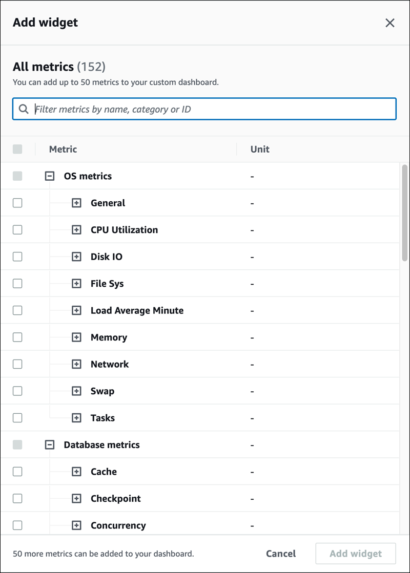 Opciones de métricas de la ventana Agregar widget.