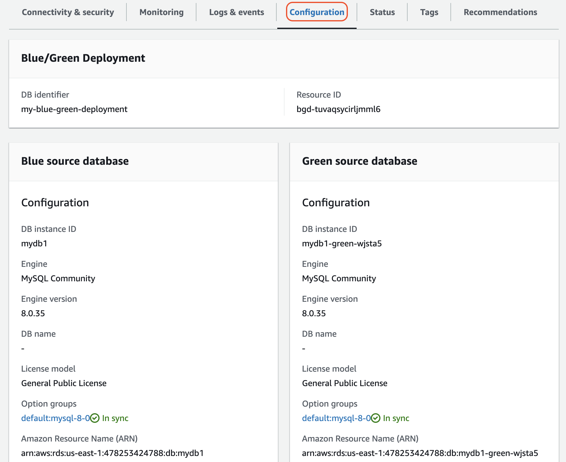 Detalles de la configuración de la implementación azul/verde