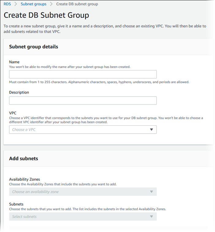 Página Crear grupo de subredes de base de datos.