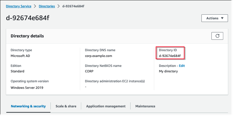 Página de detalles del directorio en la consola de AWS Directory Service con ID de directorio.