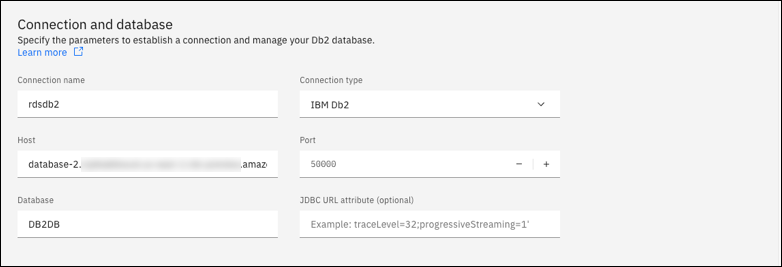 La sección Conexión y base de datos para una nueva conexión en IBM Db2 Data Management Console con los campos Host, Puerto y Base de datos.