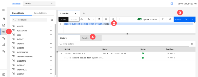 La ventana Base de datos que muestra cómo ejecutar un comando de SQL y ver los resultados en IBM Db2 Data Management Console.