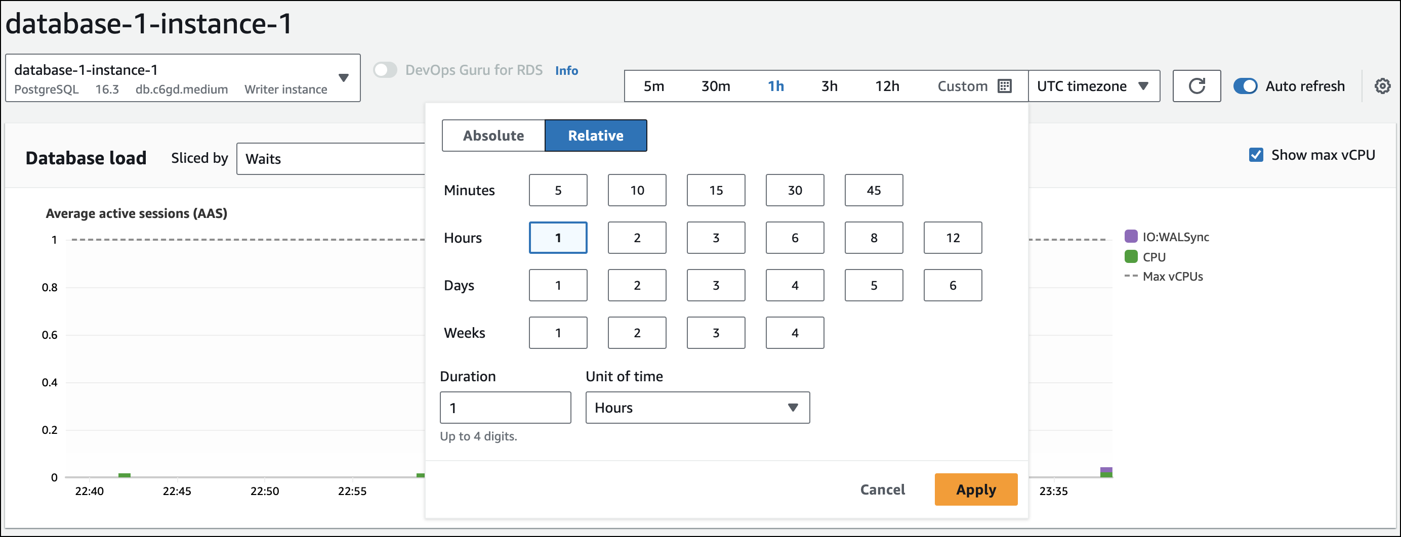 Performance Insights en tiempo relativo