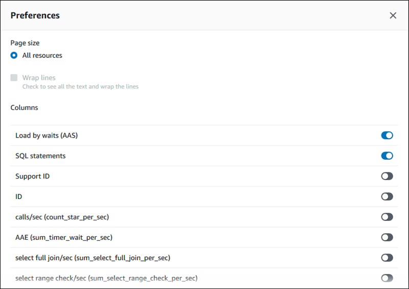 Preferencias de métricas para consultas en ejecución para instancias de base de datos de MariaDB y MySQL.