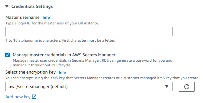 Gestión de las credenciales maestras en la AWS Secrets Manager seleccionada