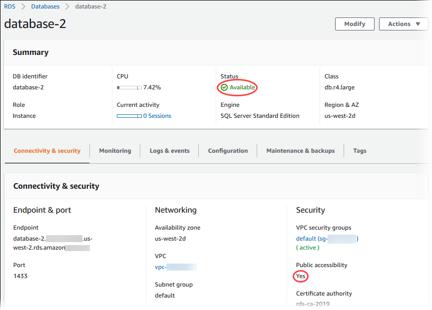 Verificar que la instancia de base de datos esté disponible