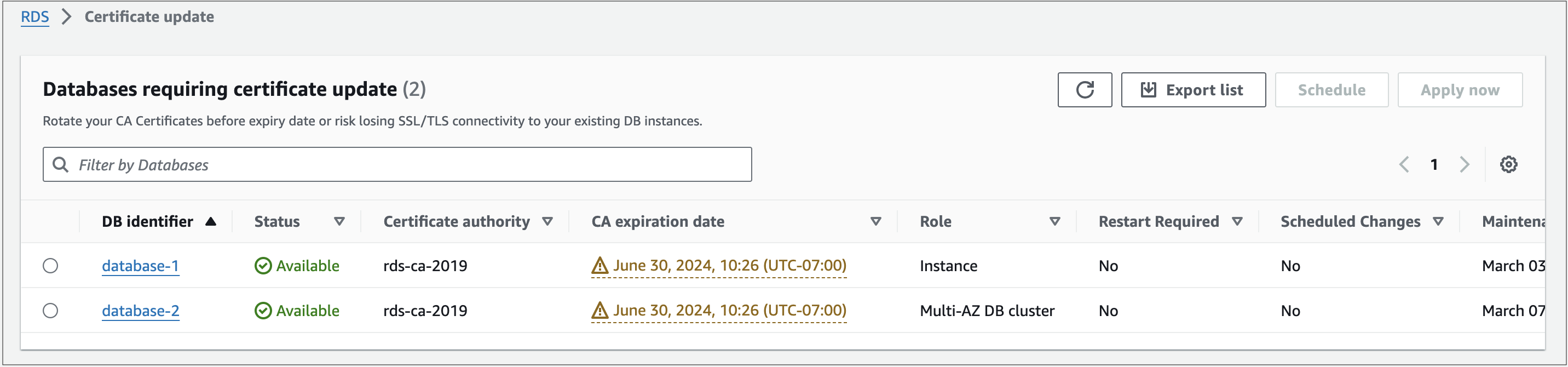 Actualización del certificado de CA para la base de datos