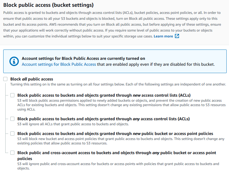 La consola de Amazon S3, que muestra la configuración del bucket de acceso público al bloque.