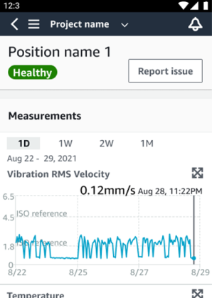 Mobile app interface showing position status, measurements, and vibration data graph over time.