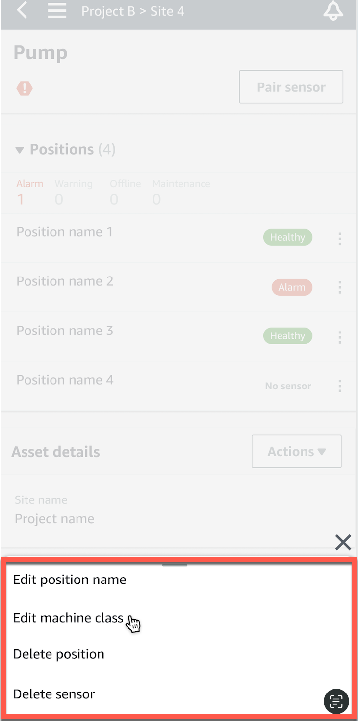 Menu options for editing a position, including Edit machine class, Delete position, and Delete sensor.