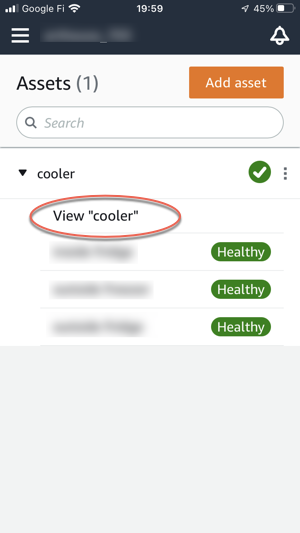 Assets list with "cooler" item and View option circled, showing Healthy status for multiple items.