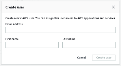 Create user dialog box with fields for email address, first name, and last name.