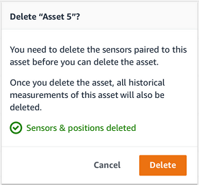 Dialog box warning about deleting an asset and its associated sensors and measurements.