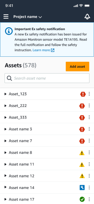 Project interface showing assets list with safety notification and various status indicators.