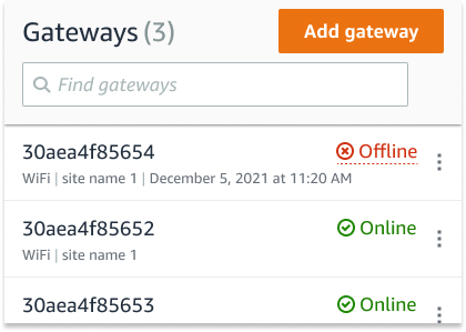 Gateway status list showing one offline and two online gateways with their IDs and site names.