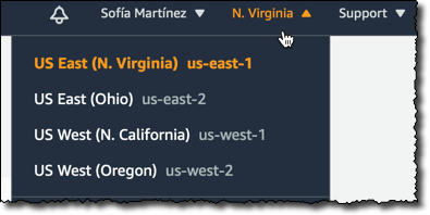 Dropdown menu showing AWS region options including US East, US West, and their corresponding codes.